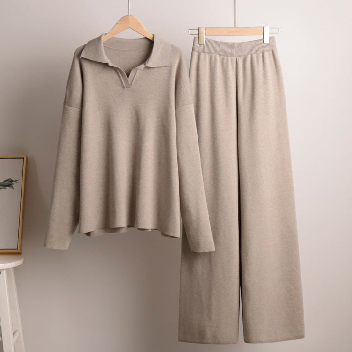 Knit Polo Sweater and Wide Leg Pants Set for Women