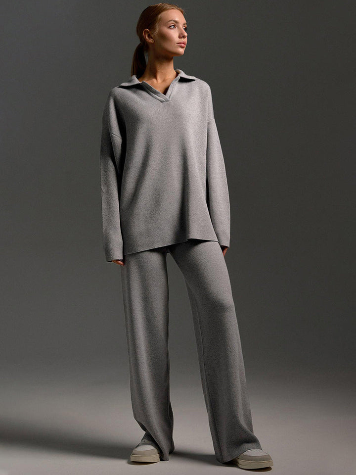 Knit Polo Sweater and Wide Leg Pants Set for Women