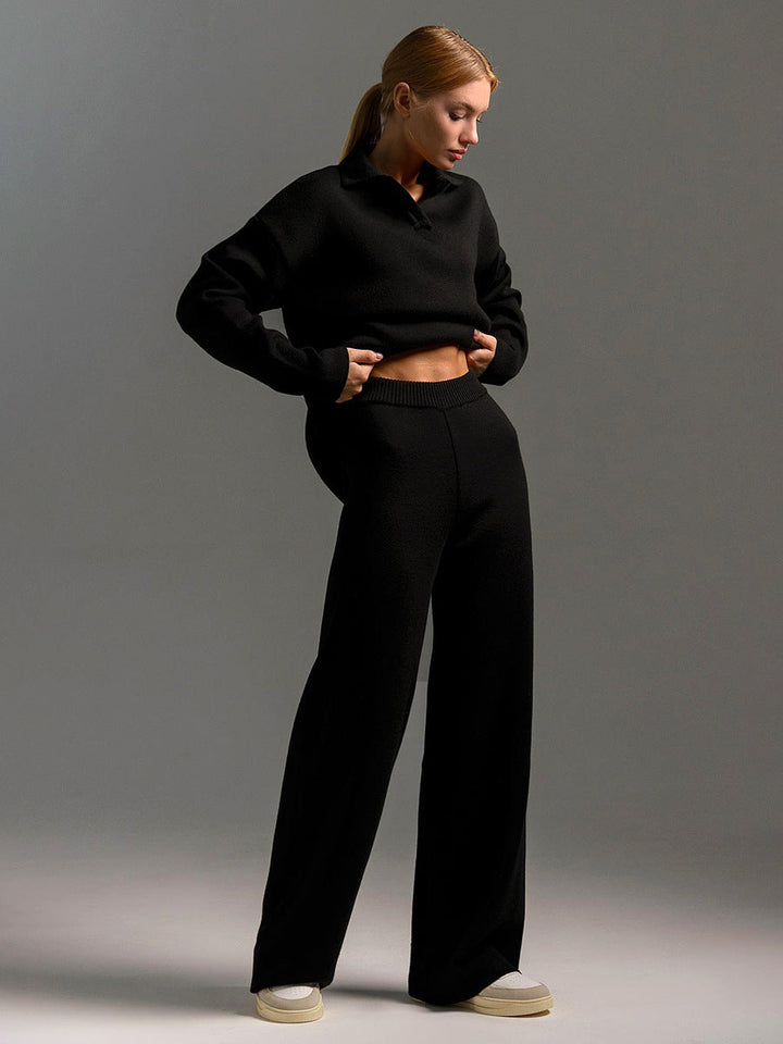 Knit Polo Sweater and Wide Leg Pants Set for Women