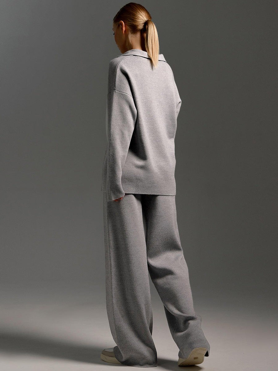 Knit Polo Sweater and Wide Leg Pants Set for Women