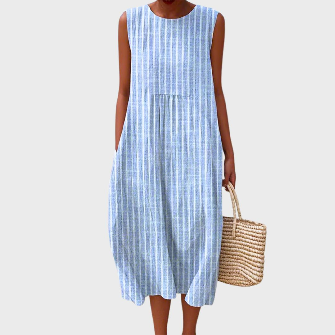 Checked Linen Midi Dress for Women