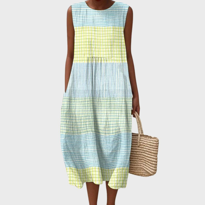 Checked Linen Midi Dress for Women
