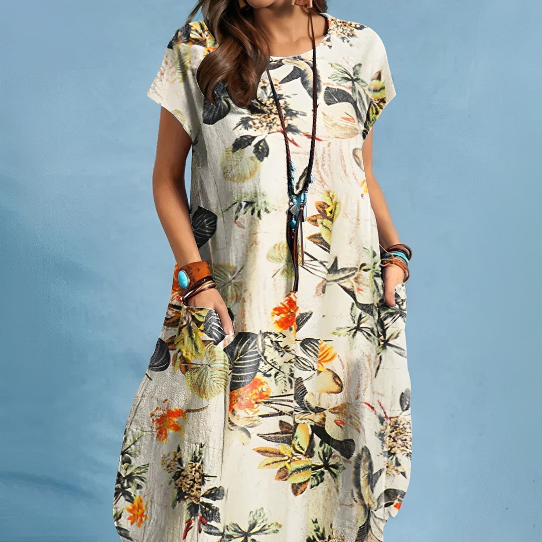 Floral Short Sleeve Midi Dress with Pockets for Women