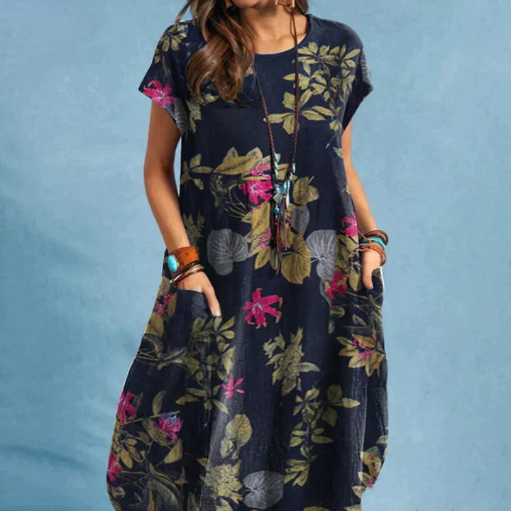 Floral Short Sleeve Midi Dress with Pockets for Women