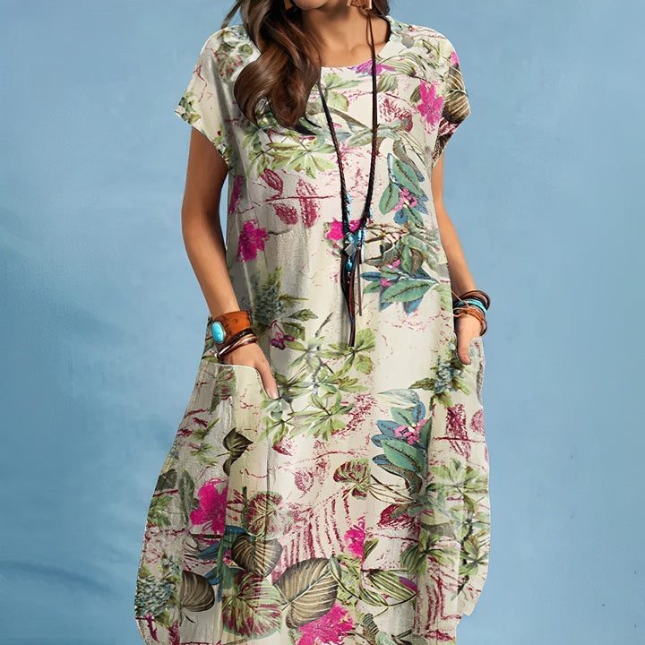 Floral Short Sleeve Midi Dress with Pockets for Women