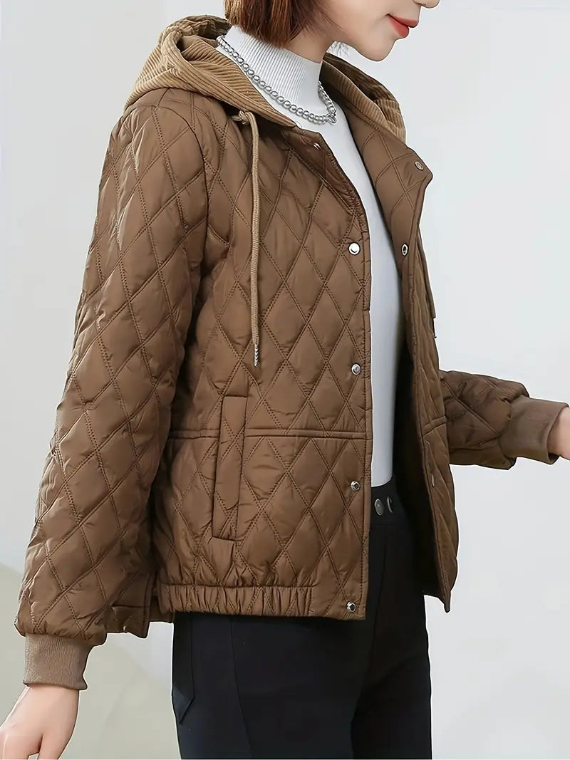 Quilted Hooded Jacket with Snap Front for Women
