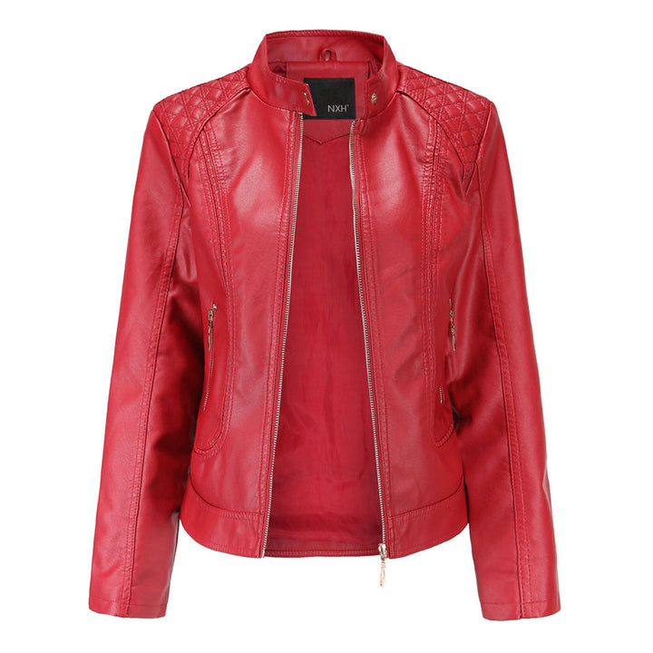 Leather Biker Jacket with Stand Collar for Women