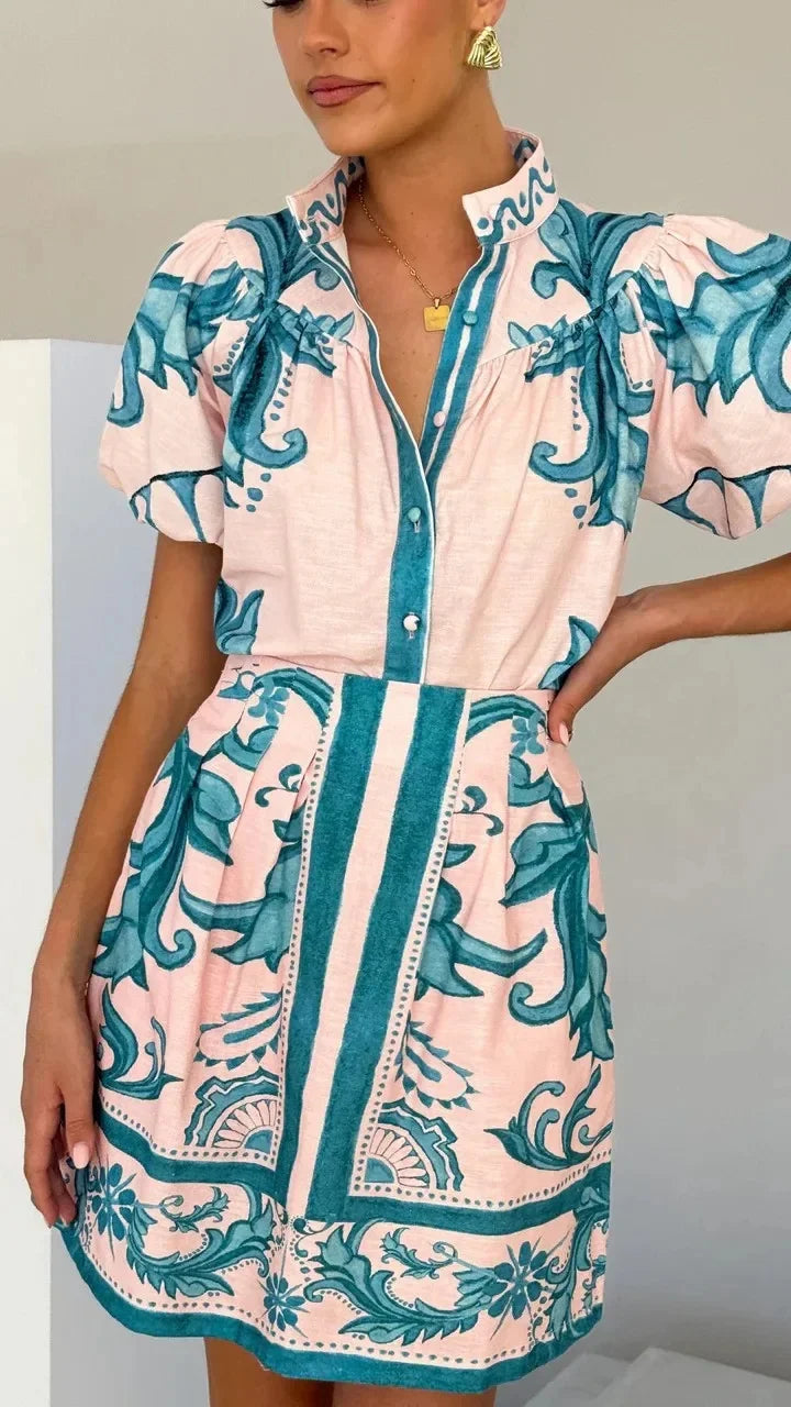 Floral Linen Puff Sleeve Mini Dress for Women
