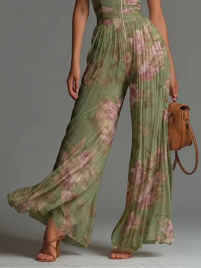 Pleated Wide Leg Floral Jumpsuit for Women
