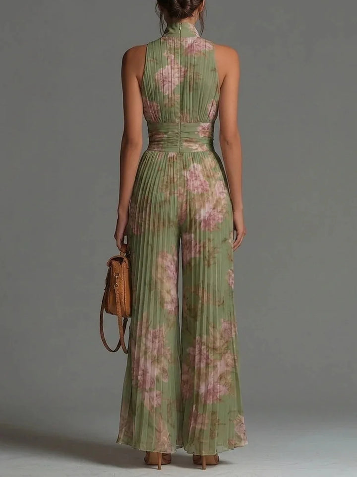 Pleated Wide Leg Floral Jumpsuit for Women