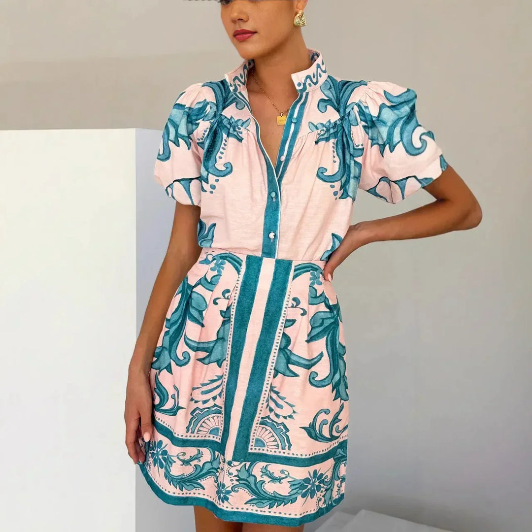 Floral Linen Puff Sleeve Mini Dress for Women