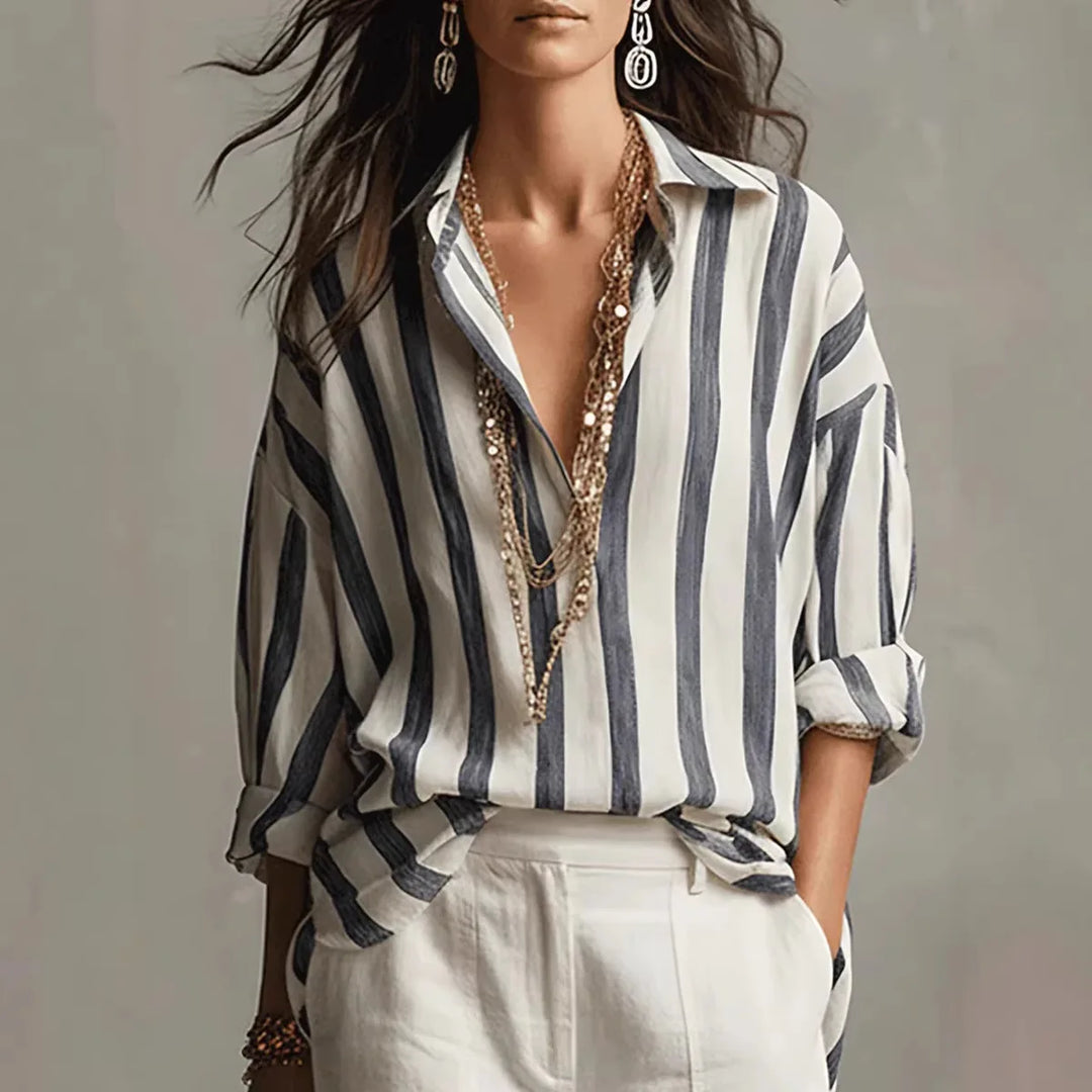 Striped Long Sleeve Collared Blouse for Women