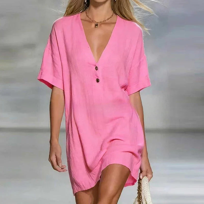 Short Sleeve Button-Front Mini Shirt Dress for Women