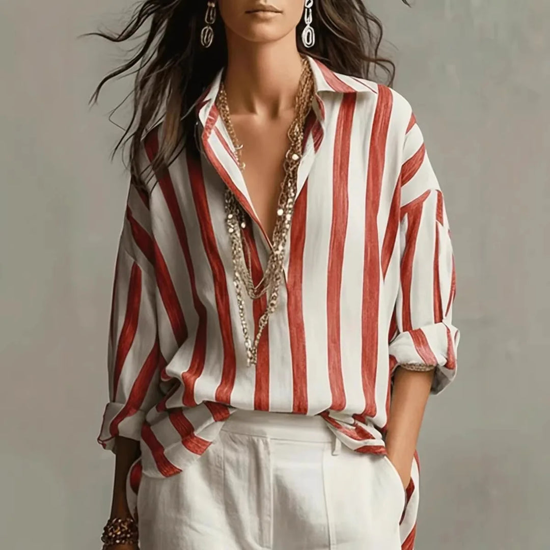 Striped Long Sleeve Collared Blouse for Women