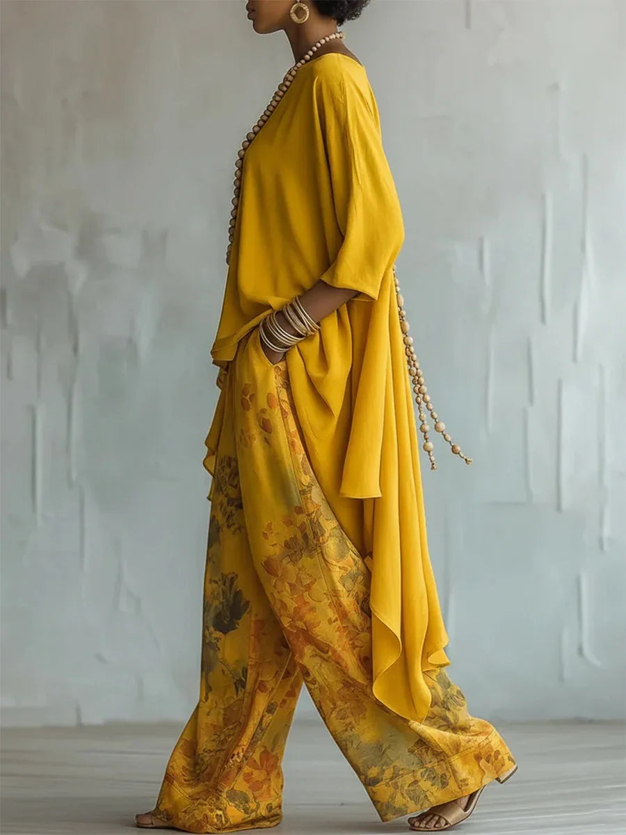 Printed Asymmetric Top and Wide Trouser Set for Women