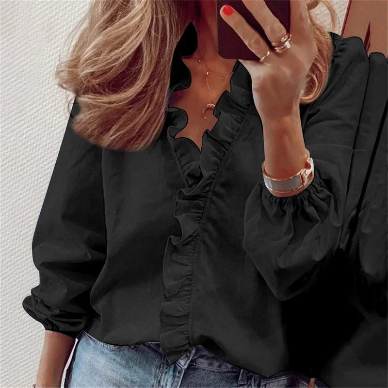 Ruffle Trim Button-Up Blouse for Women