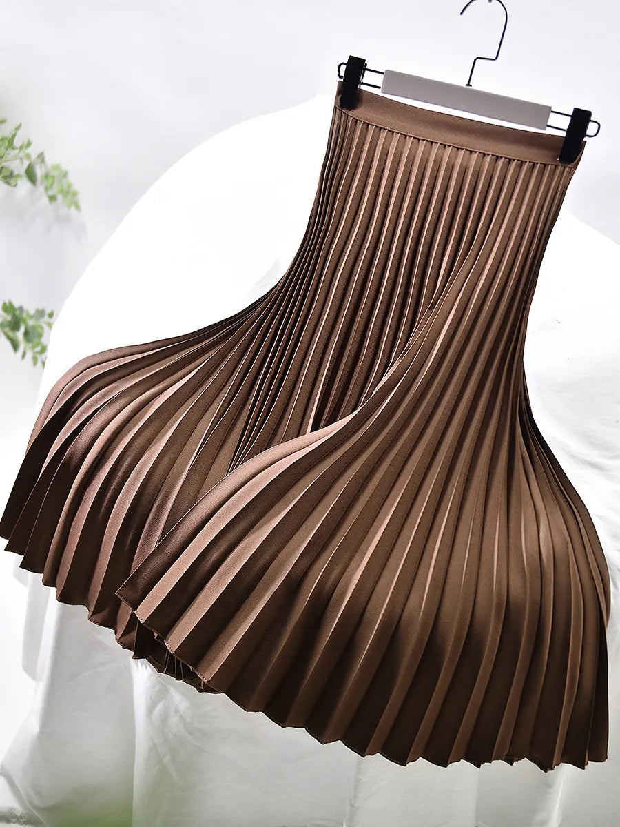 Pleated Elastic Waist Midi Skirt for Women