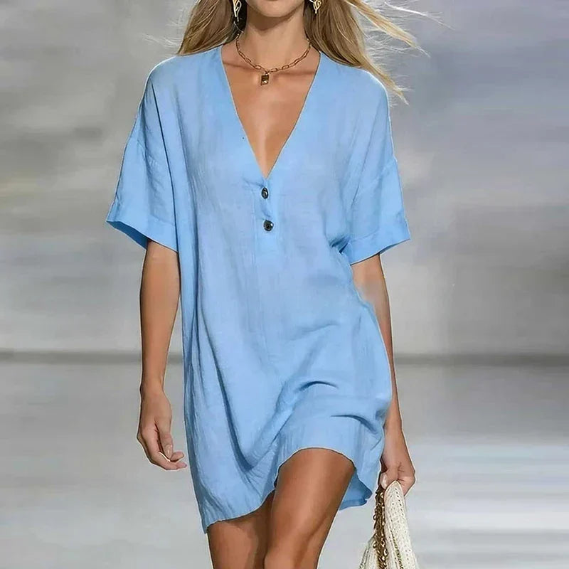 Short Sleeve Button-Front Mini Shirt Dress for Women