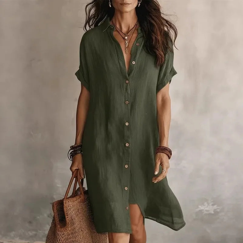 Short Sleeve Button Front Shirt Dress for Women