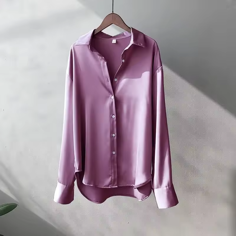 Satin Long Sleeve Button-Up Blouse for Women