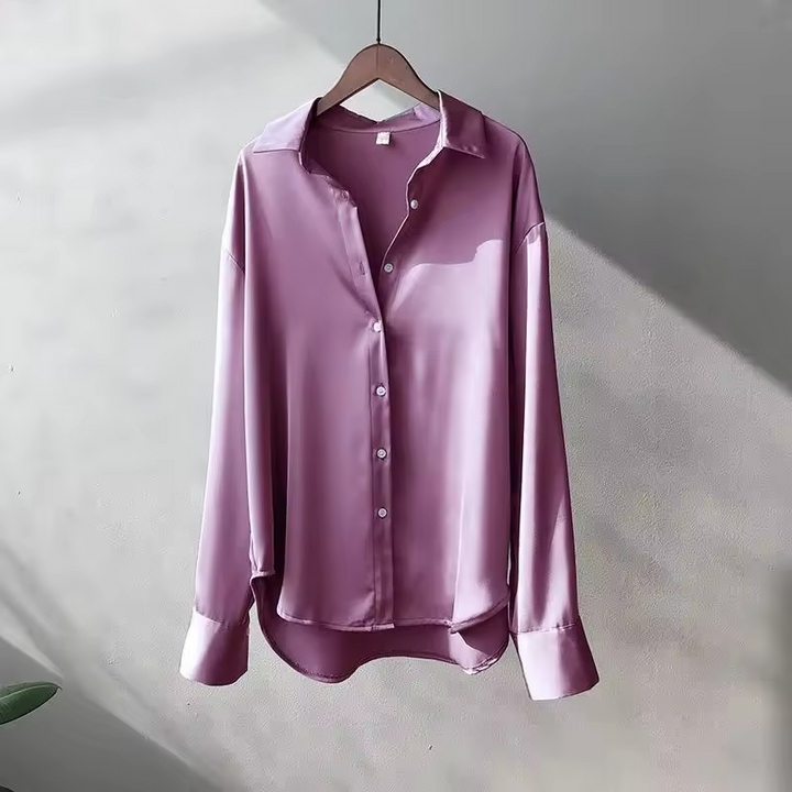 Satin Long Sleeve Button-Up Blouse for Women
