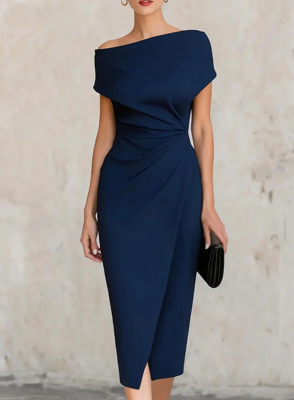 One-Shoulder Pleated Midi Dress for Women