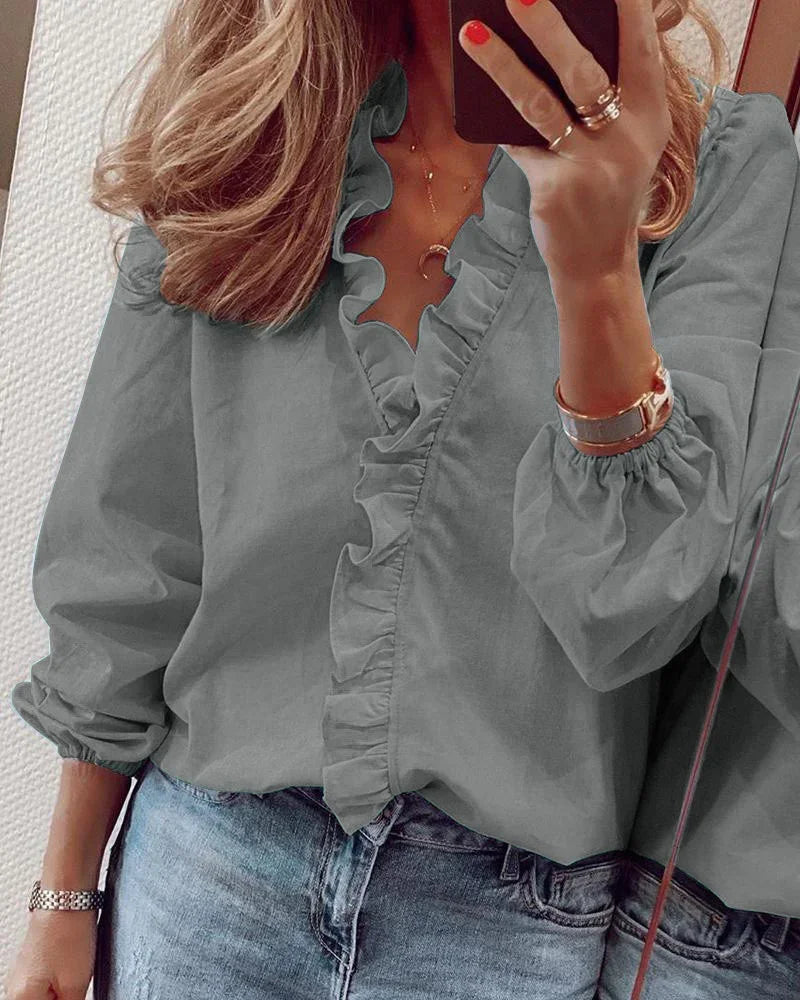 Ruffle Trim Button-Up Blouse for Women
