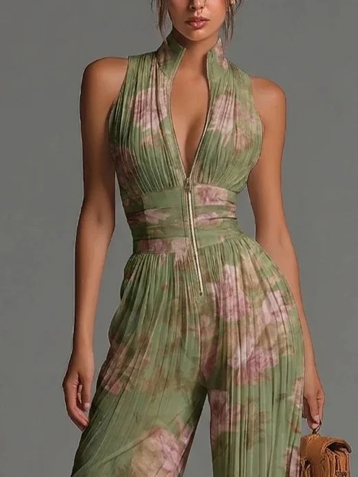 Pleated Wide Leg Floral Jumpsuit for Women