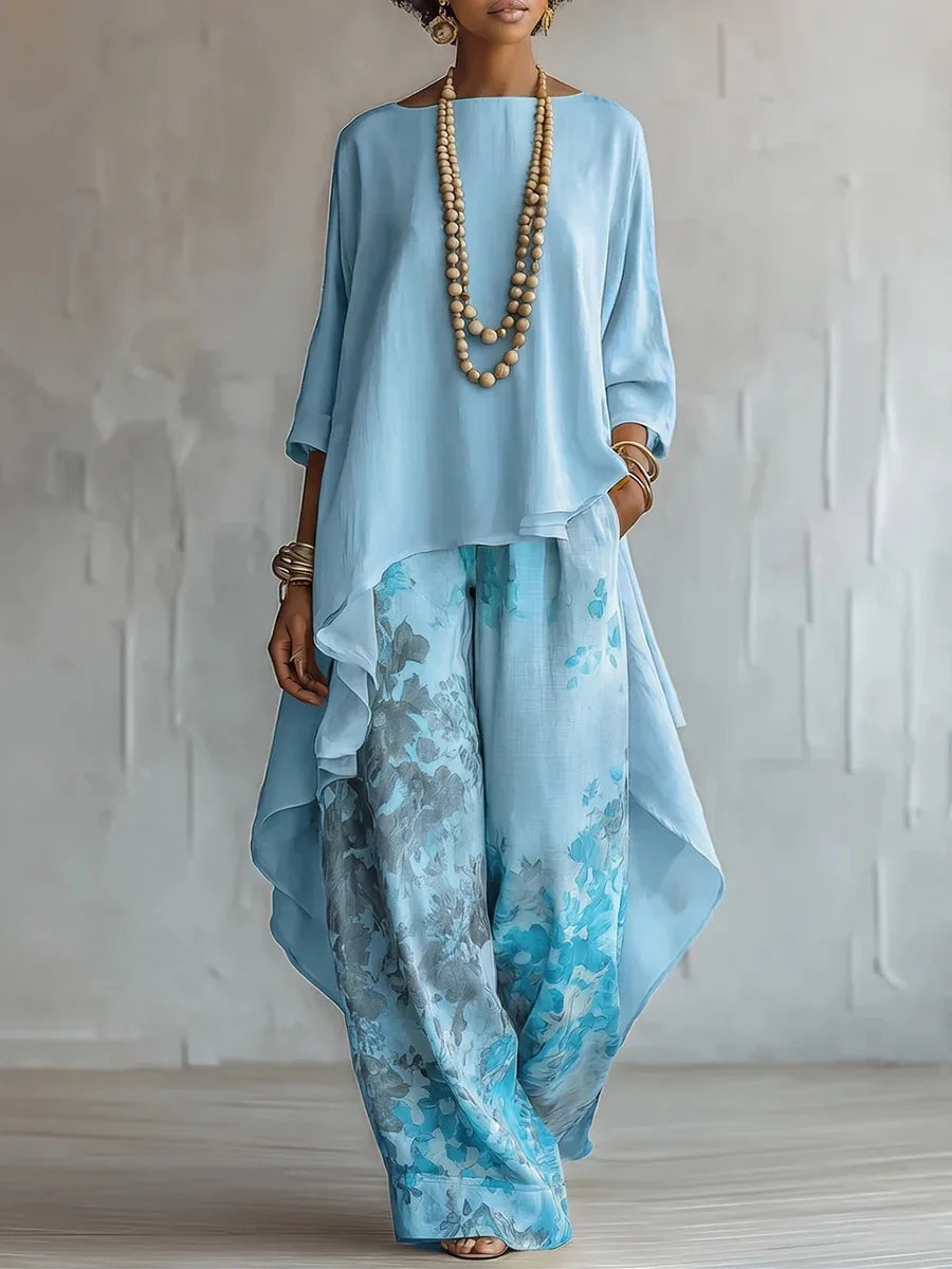 Printed Asymmetric Top and Wide Trouser Set for Women