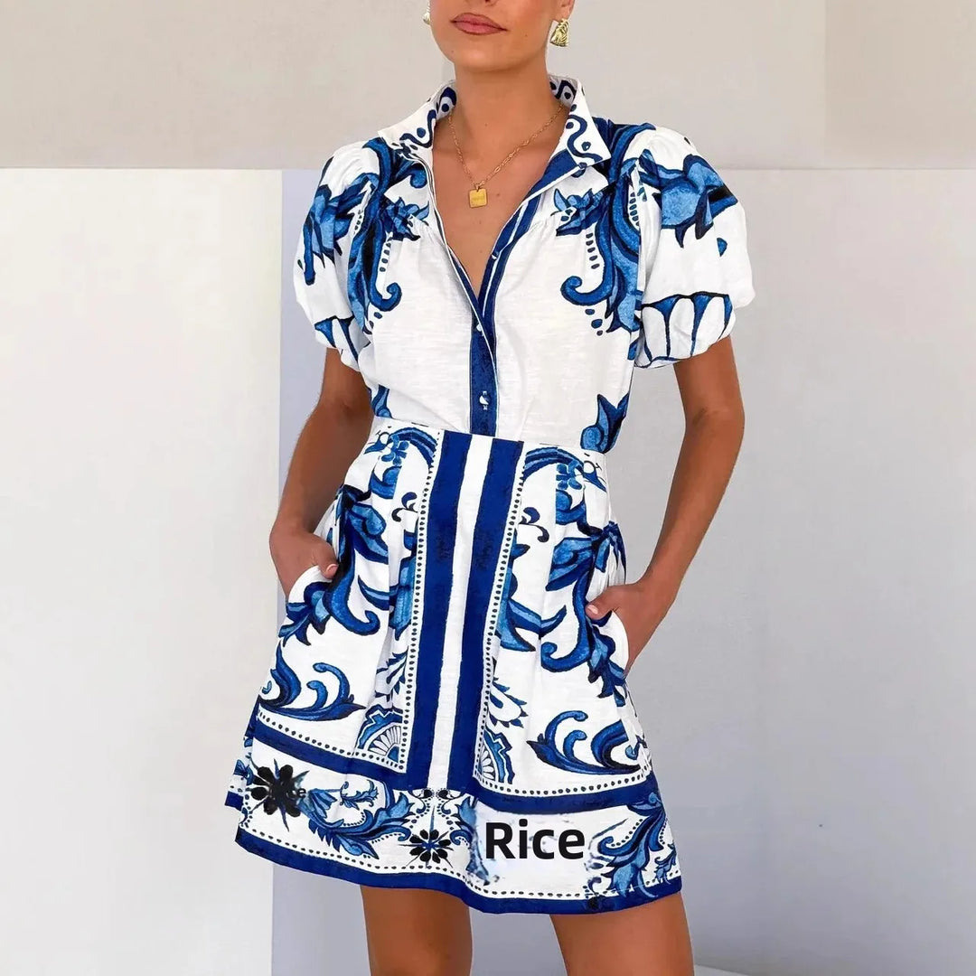 Floral Linen Puff Sleeve Mini Dress for Women