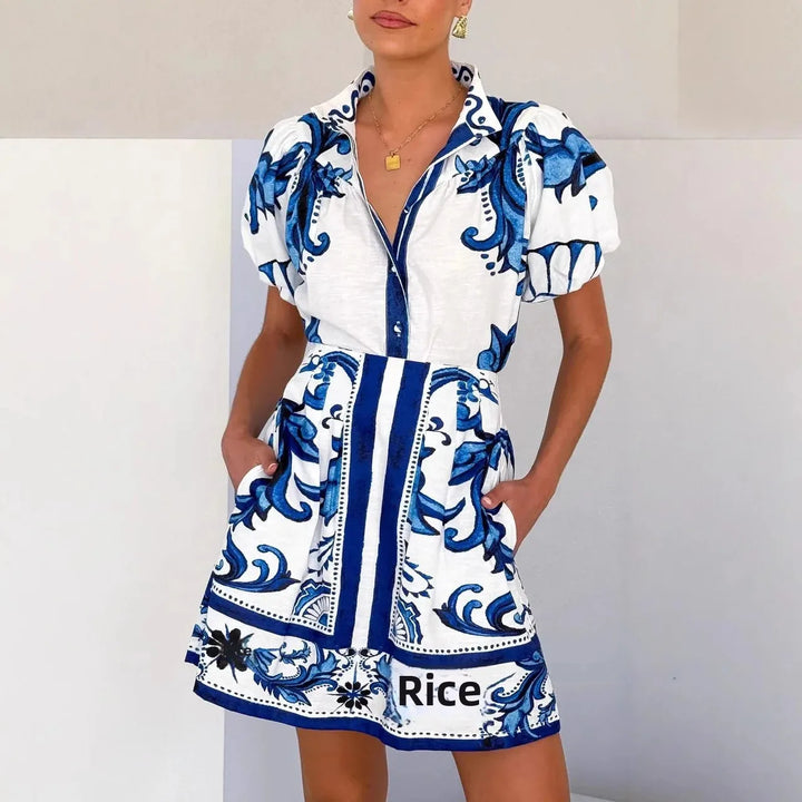 Floral Linen Puff Sleeve Mini Dress for Women