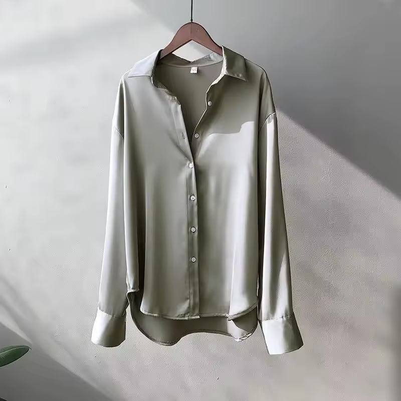 Satin Long Sleeve Button-Up Blouse for Women