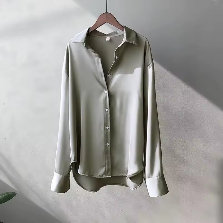 Satin Long Sleeve Button-Up Blouse for Women