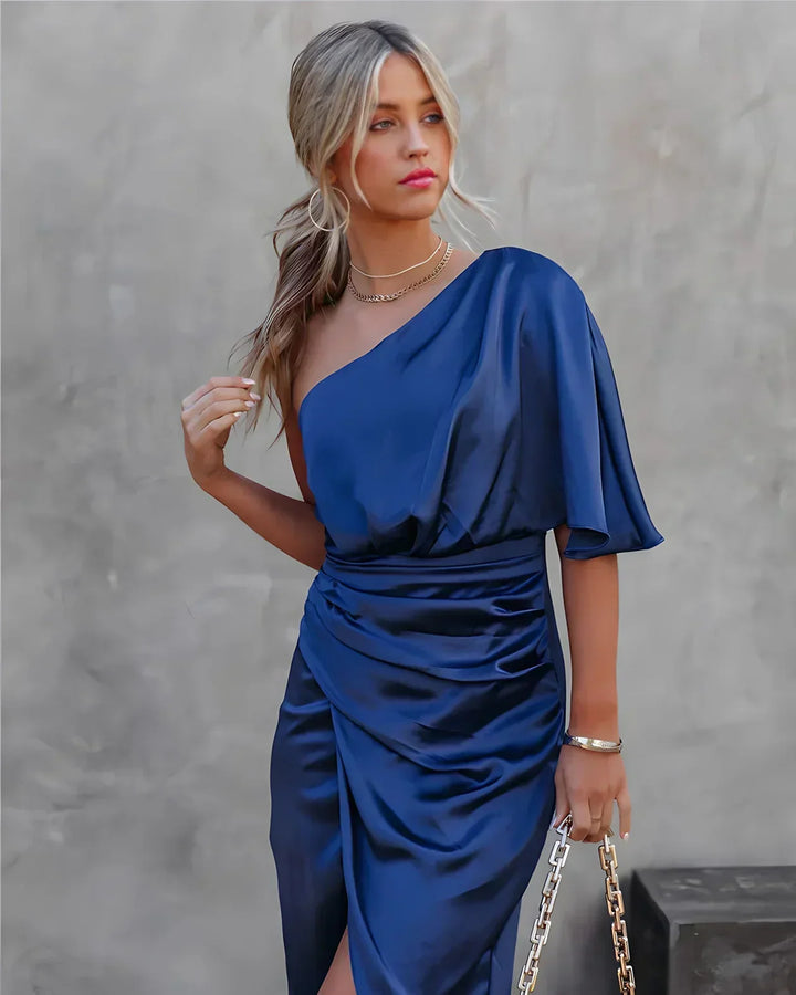 Elegant Off-Shoulder Satin Midi Dress with Flowing Drapes