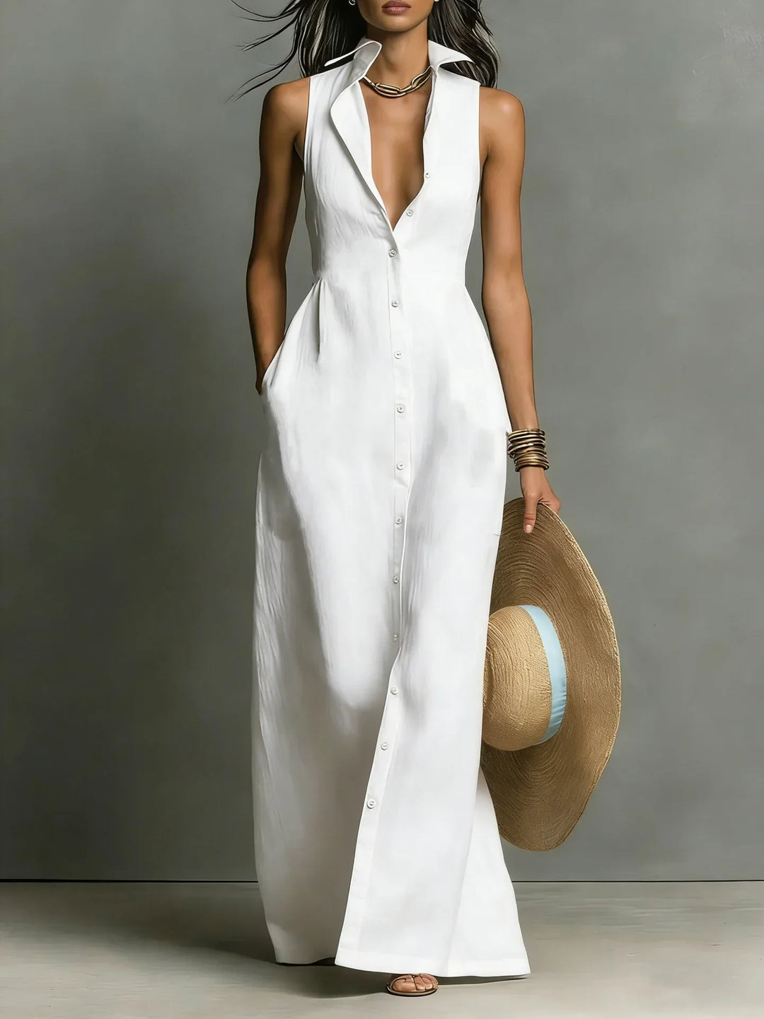 Sleeveless Button-Front Shirt Dress for Women