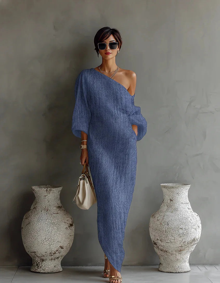 One Shoulder Maxi Dress with Pockets for Women