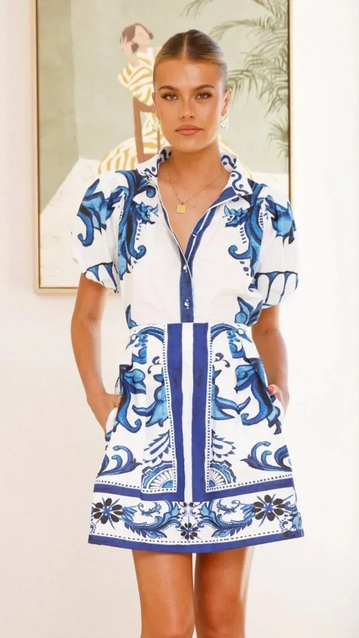 Floral Linen Puff Sleeve Mini Dress for Women