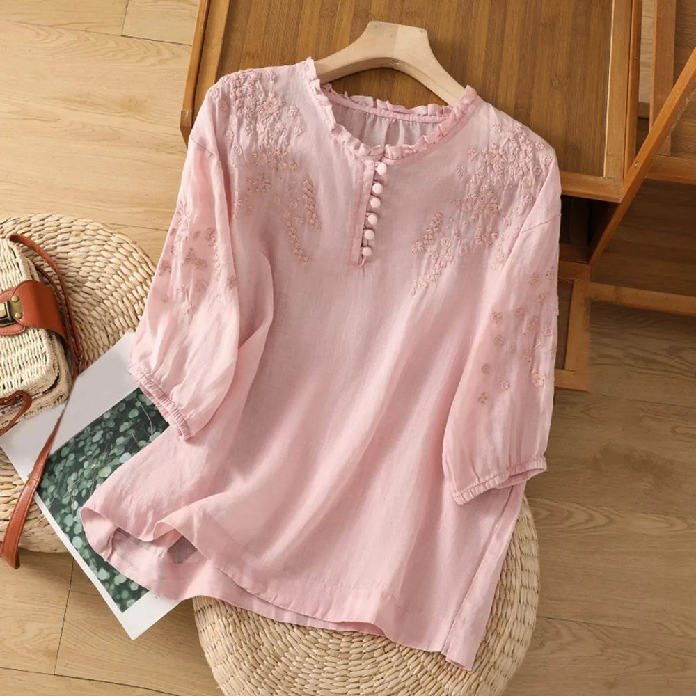 Embroidered Button-Neck Blouse for Women