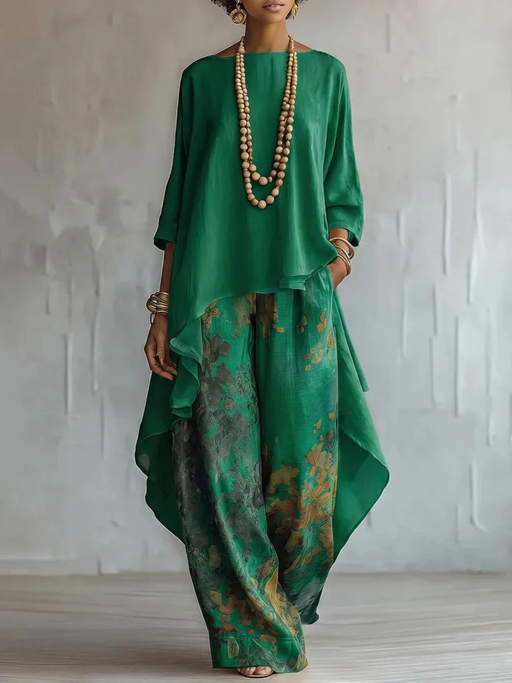 Printed Asymmetric Top and Wide Trouser Set for Women