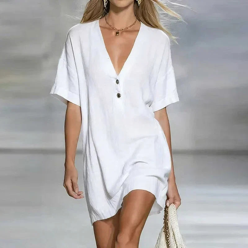 Short Sleeve Button-Front Mini Shirt Dress for Women