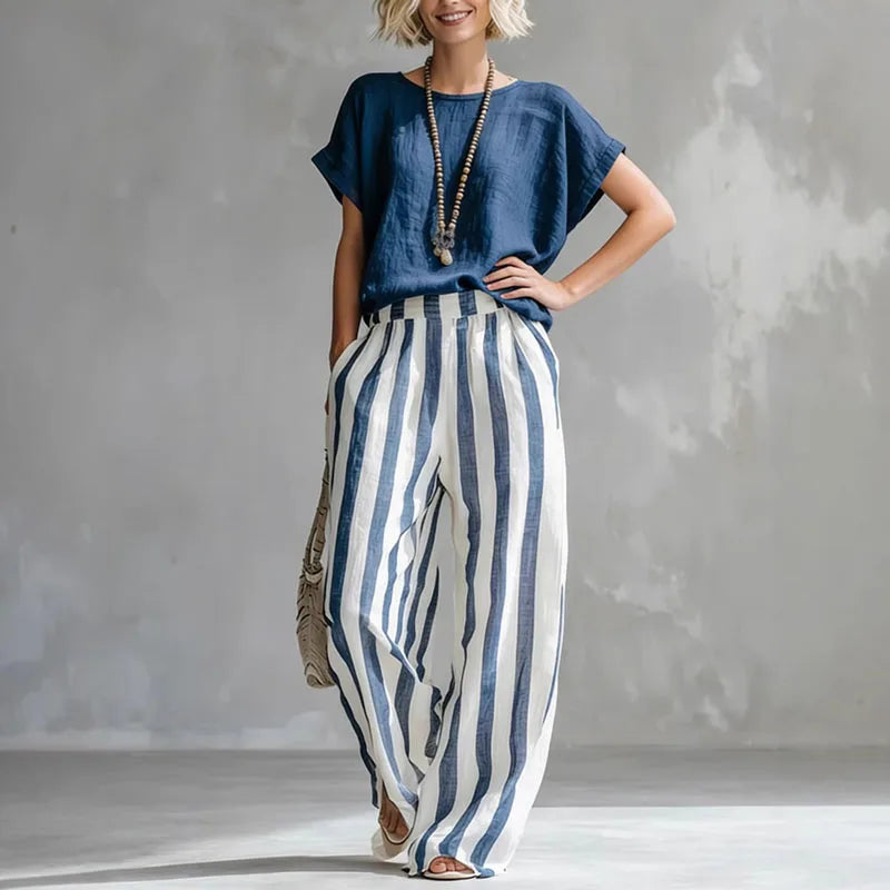 Striped Top and Wide Leg Pants Set for Women