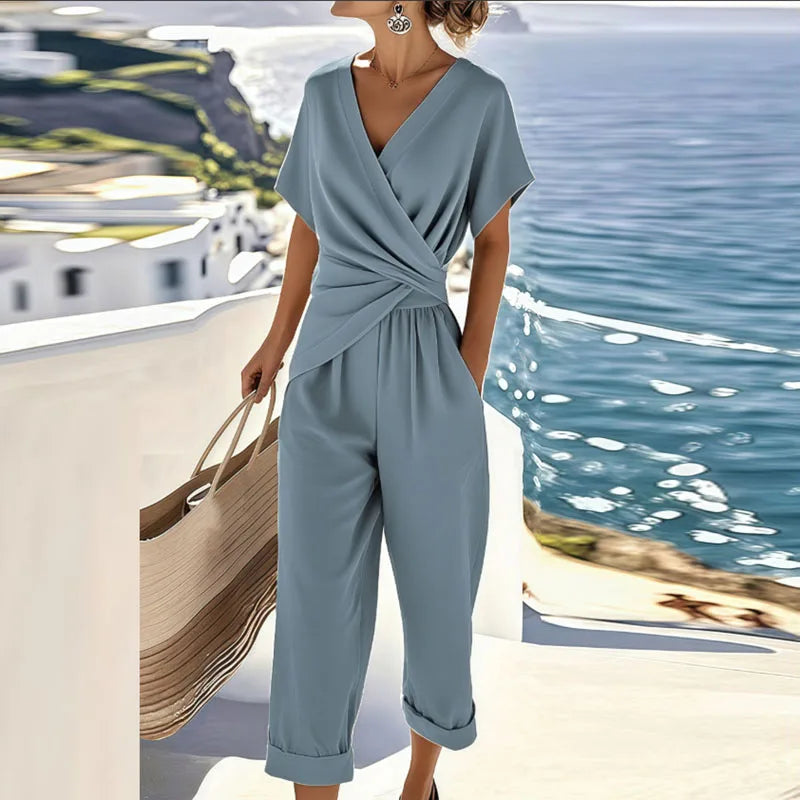 V-Neck Top and Relaxed Pants Set for Women