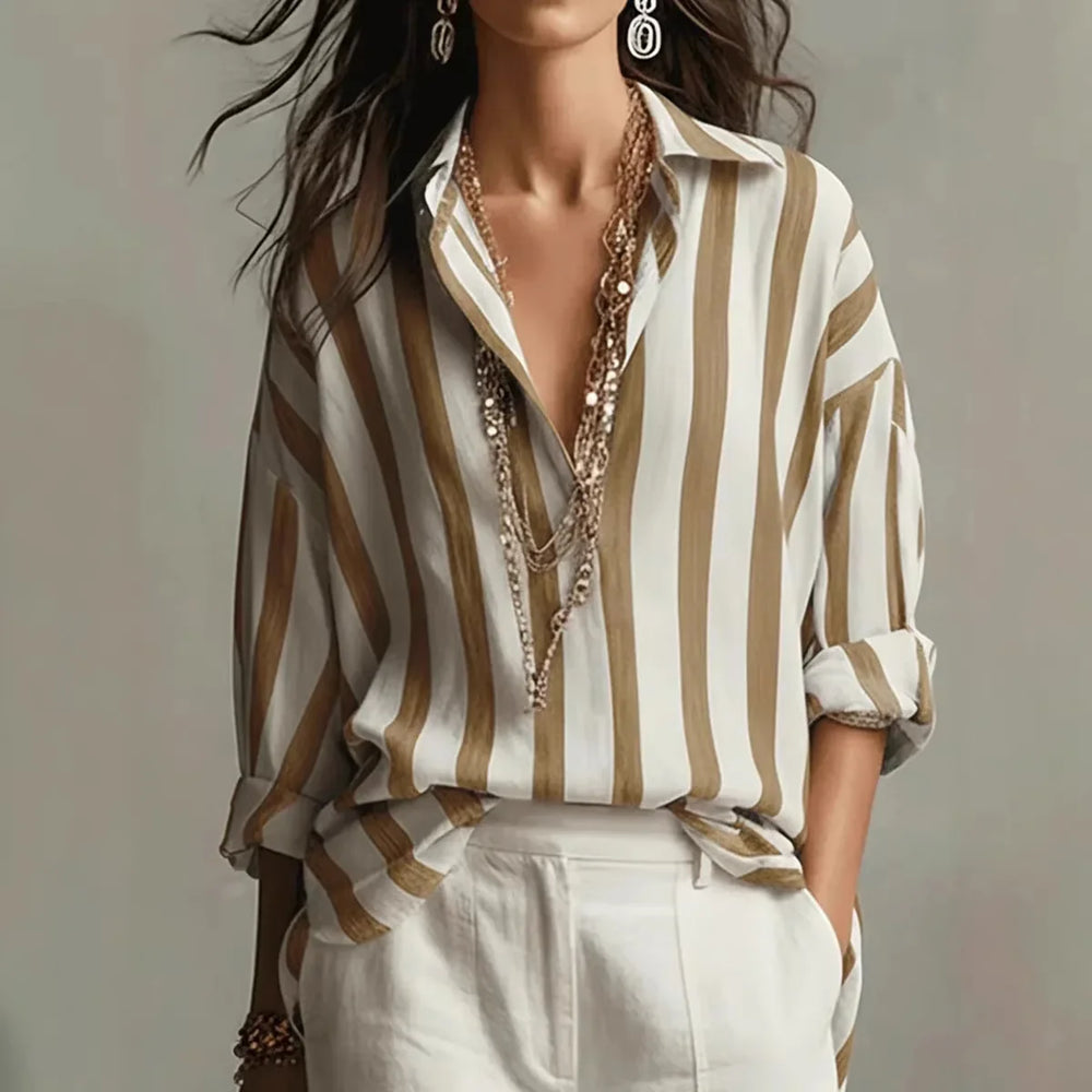 Striped Long Sleeve Collared Blouse for Women