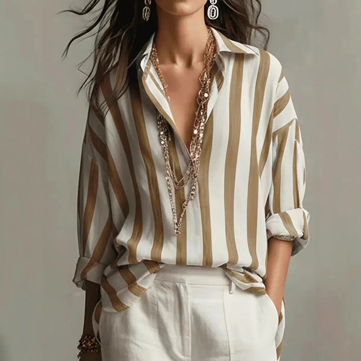 Striped Long Sleeve Collared Blouse for Women