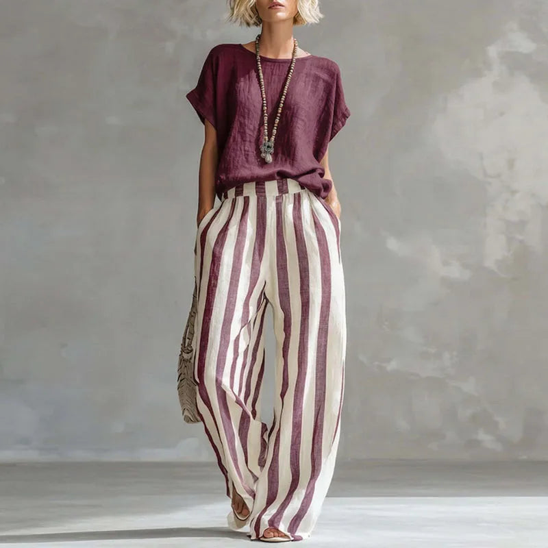 Striped Top and Wide Leg Pants Set for Women