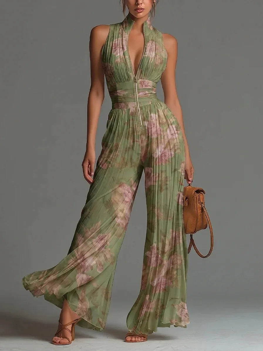 Pleated Wide Leg Floral Jumpsuit for Women