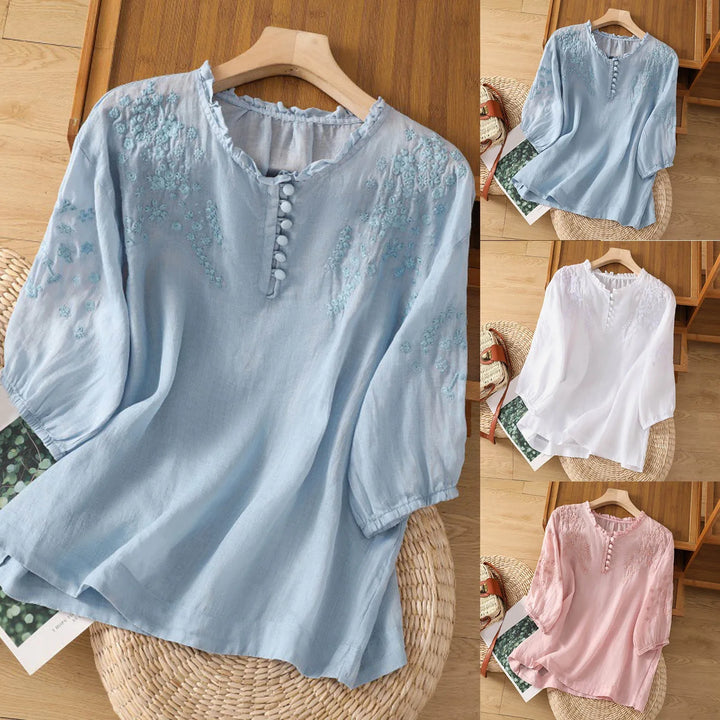 Embroidered Button-Neck Blouse for Women