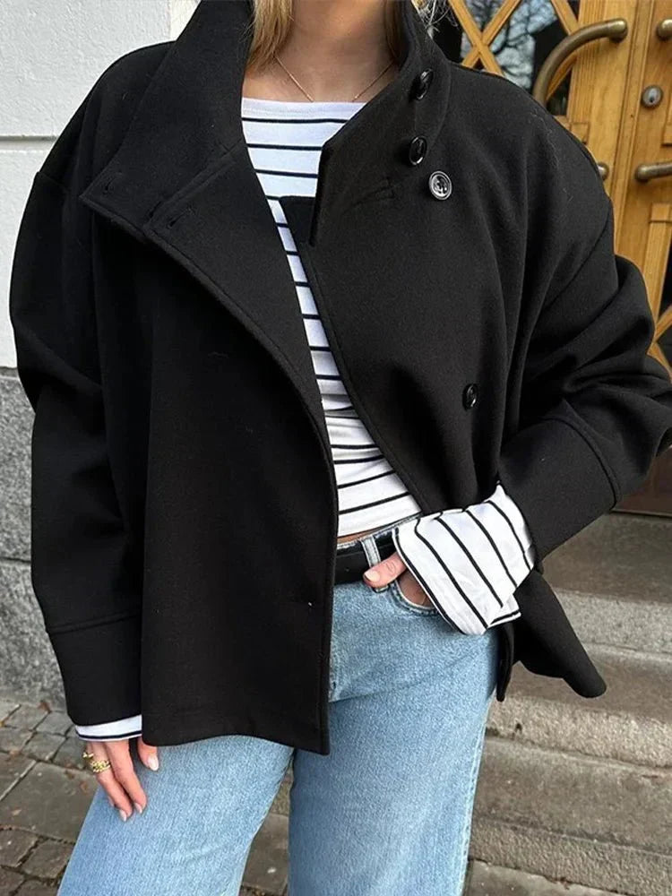 Stand Collar Button-Front Blazer for Women