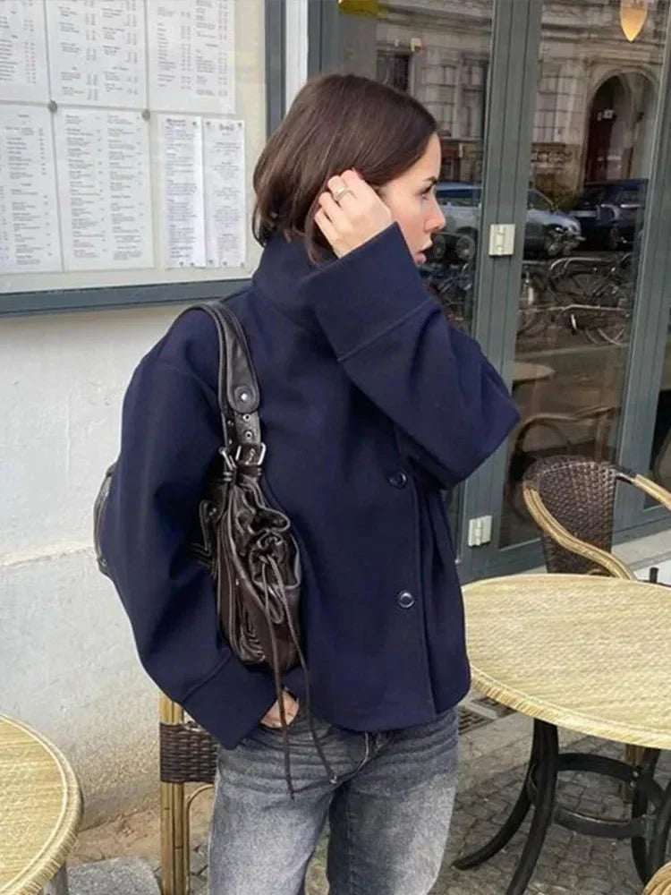 Stand Collar Button-Front Blazer for Women