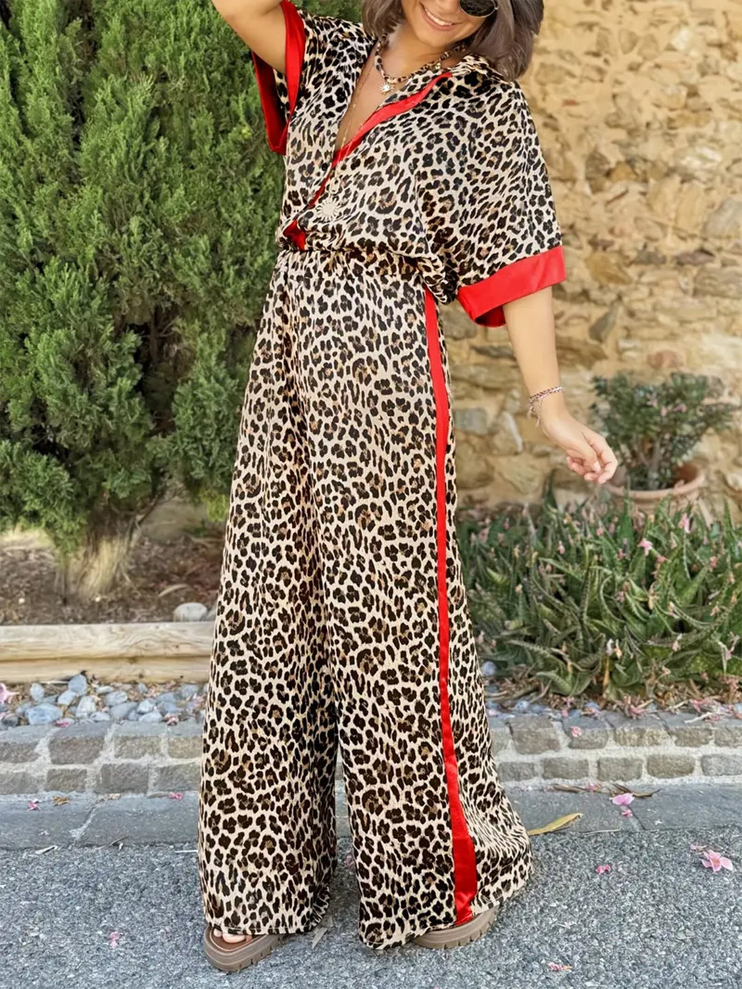 Leopard Print Wide Leg Jumpsuit for Women